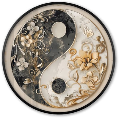 Poster in lijst Rond - Fotolijst 60x60 cm - Posters - Yin Yang - Bloemen - Zwart - Wit - Vintage - Ronde posterlijst zwart - Decoratie - Wanddecoratie woonkamer - Muurdecoratie slaapkamer