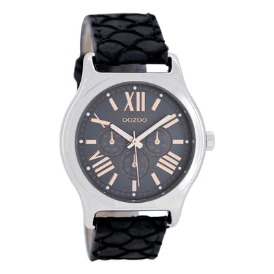 OOZOO Timepieces - Zilverkleurige horloge met donker blauwe leren band - C7612