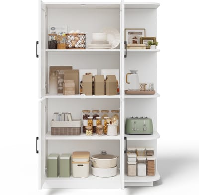 Hoge witte keukenkast - Opbergkast met 4 deuren en 4 open vakken - Verstelbare planken en anti-kantel ontwerp - Voor keuken en woonkamer - 103x40x163 cm Wit