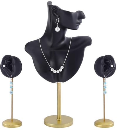 Dailygoods- Sieradenstandaard met 2 Oorbelhouders - Hars Pop Torso - Tentoonstellingsstandaard - Goudkleurige IJzeren Steun - 32 cm Hoog - Sieradenbuste