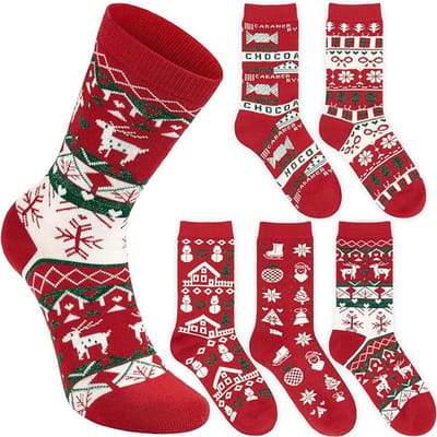 BRUBAKER 5 Paar Kerstsokken met Noors Patroon - Winter Sokken van Katoen - Sokken Set voor Kerstmis & de Feestdagen - Rood & Wit - Ideaal Cadeau - Maat 36-41