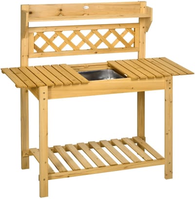 Outsunny Oppottafel - Met Verschuifbaar Werkblad - Hout – 90 x 45 x 120 cm – Met inzetbak van RVS - Geimpregneerd