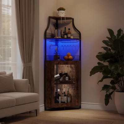 Wijnkast voor in de hoek, wijnrek in industriële stijl met ledverlichting, barkast met verstelbaar wijnrek en glashouder, drankopslag, wijnbarkast voor keuken, eetkamer, woonkamer, retrostijl