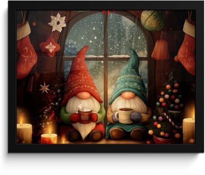 Poster in lijst - Fotolijst 40x30 cm - Posters - Gnooms - Kerst - Raam - Kleurrijk - Posterlijst zwart - Decoratie - Wanddecoratie woonkamer - Muurdecoratie slaapkamer - Kerstversiering - Kerstdecoratie voor binnen - Kerstmis
