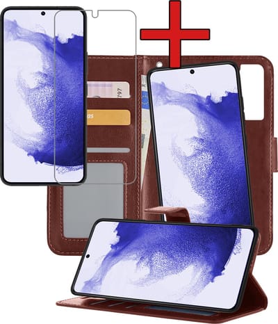 Hoesje - 2 in 1 - Geschikt voor Samsung Galaxy S22 - Met Screenprotector - En Uitneembare Hard Cover - Kunstleer - Bookcase - Wallet Case - Met Pasjeshouder - Book Case - Uitneembaar - Pashouder - Telefoonhoes - Bruin