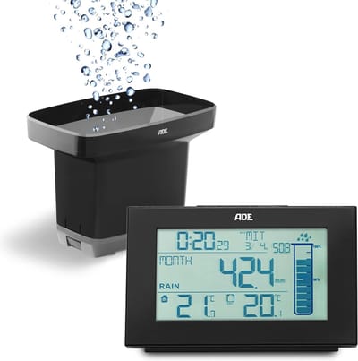Regenmeter voor tuin - draadloze sensor thermometer - digitale radiogestuurde klok met wekker - zwart