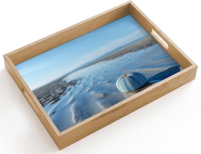 Dienblad hout 40x30 cm - Schootdienblad - Strand - Schild - Water - Blauw - Borrelplank rechthoek - Plateau dienbladen
