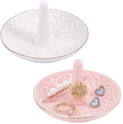 Dailygoody - Ringhouder - Sieraden opbergen - Decoratief - Roze en wit - Keramiek - Voor ringen en kettingen - 2-delige set