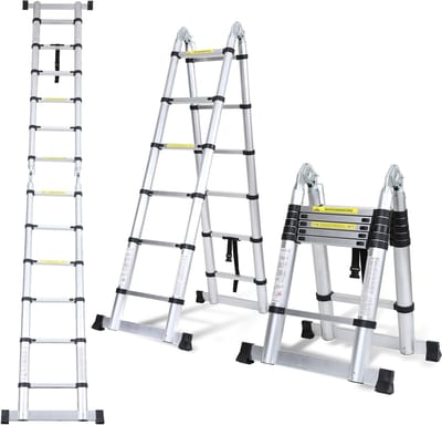 Telescopische Ladder - Telescoopladder - 1,9m+1,9m zilver, Compact en Draagbaar met Soft Closing Systeem, Geschikt voor Particulier en Professioneel Gebruik, Telescopische Vouwladder, Max. Belasting 150 kg