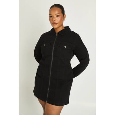 boohoo Dames Plus Denim Rits Shift Jurk | Black | Maat: 16