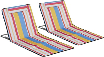 Strandmat, set van 2 opvouwbare strandligstoelen met kussens, 5-voudig in hoogte verstelbaar strandmatras met draagtas, staal, veelkleurig, 134 x 48 x 33-43 cm