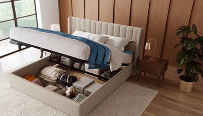Gestoffeerd Tweepersoonsbed 180x200 cm – Casa Velluto Luxe Linnen Bed met Opbergruimte, Metalen Frame & Hydraulische Lattenbodem – Modern Design Hoofdeinde, Beige – Comfortabel en Duurzaam Bed voor Slaapkamer
