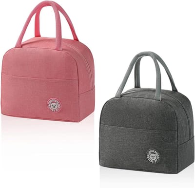 Koeltas Set - Mini Lunchtas - Eten Vers Houden - Dubbellaags Ontwerp - Compact Formaat - Grijs en Roze