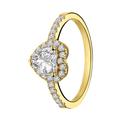 Lucardi Dames Zilveren goldplated ring hart met zirkonia - Ring - 925 Zilver - Goudkleurig - 15.50 / 49 mm