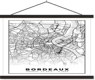 Posterhanger incl. Poster 60x40 cm - Schoolplaat - Kaart - Stadskaart - Frankrijk - Bordeaux - Plattegrond - Zwart wit - Textielposter - Zwarte latten - Stadskaart