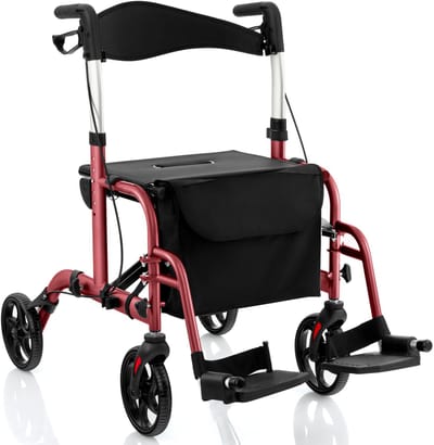 COSTWAY Rollator Opvouwbaar en Licht met Zitting 2-In-1 Rolstoel & Reisrollator Loophulp 6-Voudig in Hoogte Verstelbaar Wandelwagen (Rood)