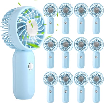 12-delige mini-handventilator, onmisbaar voor op reis, 3 windsnelheden, USB-oplaadbaar, geschikt voor kamperen en andere buitenactiviteiten (blauw)