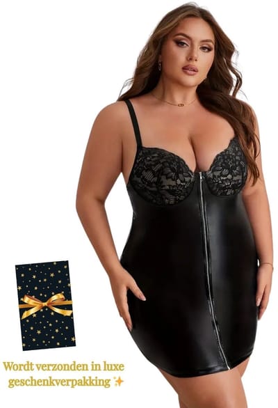 Leatherlook & Kant Sexy Jurkje – Plus Size – Lingerie Erotisch – Lingerie Sexy Setje – Luxe Sensuele Lingerieset – Leren PU Lingerie Jurkje – Wetlook/Latex – Verleidelijk & Mysterieus – Kinky – BDSM – Maat S, M, L, XL, XXL