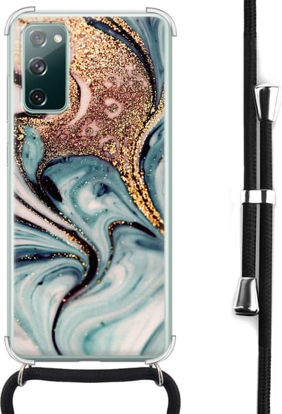 Hoesje met koord - Geschikt voor Samsung Galaxy S20 FE - Marmer blauw swirl - Verstelbaar zwart koord - Crossbody - Marmer - Transparant, Blauw, Goud - Leuke Telefoonhoesjes