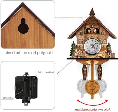 Antieke Houten Koekoeksklok voor aan de Muur, Traditioneel Europees Design, Swingende Bel en Batterijvoeding, Perfect voor Woonkamer Decoratie