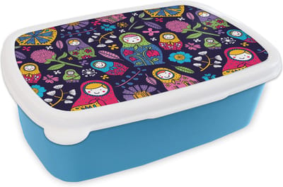Broodtrommel Blauw - Lunchbox - Brooddoos - Matroesjka - Rusland - Bloemen - 18x12x6 cm - Kinderen - Jongen