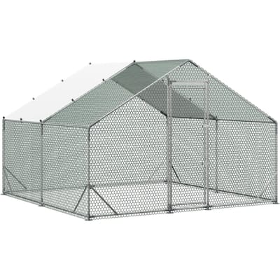 Grote Metalen Kippenhok, 3 x 3 x 2 m, Betreedbaar Kippenhok met Waterdichte Hoes en Stevig Frame, Dak met Spits Vogelkooi Konijnenhok voor Konijn