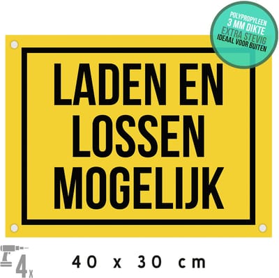 Pictogram/ bord + boorgaten | "Laden en lossen mogelijk" | 40 x 30 cm | Geel | Werkzaamheden | Leveringen | Wegenwerken | Versperring | Loskade | Vrachtauto | Sterk materiaal | 1 stuk