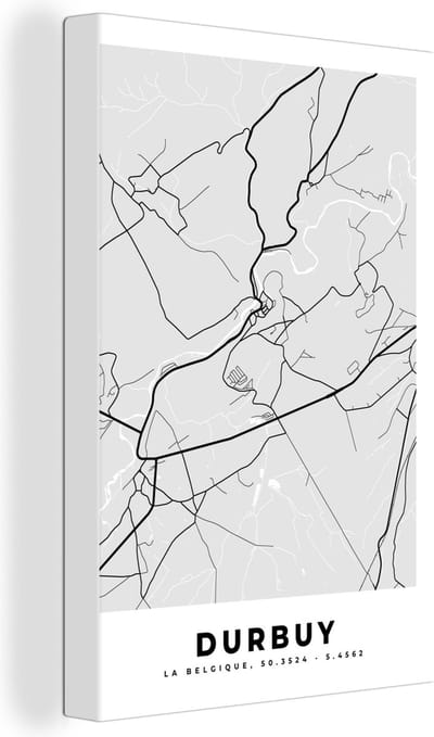 Canvas Schilderij België – Durbuy – Stadskaart – Kaart – Zwart Wit – Plattegrond - 20x30 cm - Wanddecoratie