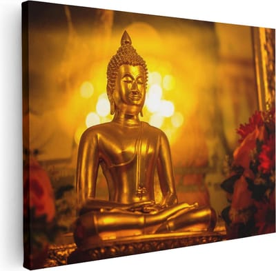 Artaza Canvas Schilderij Boeddha - 80x60 cm - Wanddecoratie Spiritueel - Muurdecoratie Woonkamer - Schilderijen Op Canvas Gouden Boeddhabeeld