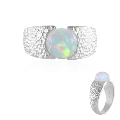 Cavill - Zilveren ring dames 925 Sterling zilver - Welo-opaal 2,725 ct, ronde 9 mm - Geplatineerd met hamerslag textuur - Uniek kleurenspel, elegant