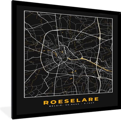 Fotolijst incl. Poster - Roeselare - Kaart - Goud - Stadskaart - Plattegrond - 40x40 cm - Posterlijst