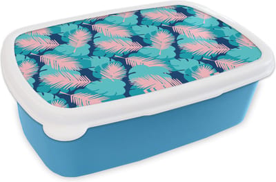 Broodtrommel Blauw - Lunchbox - Brooddoos - Patroon - Jungle - Blad - 18x12x6 cm - Kinderen - Jongen