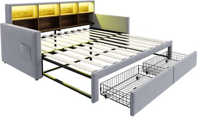 DESMIU Gestoffeerd Bed 90x190cm - Uitschuifbaar Slaapsofa Met Hoofdbord Opbergruimte - Met LED Verlichting En Laadpunten - Met Lades Voor Slaapkamer En Logeerkamer - Zacht Fluweel - Lichtgrijs - Zonder Matras