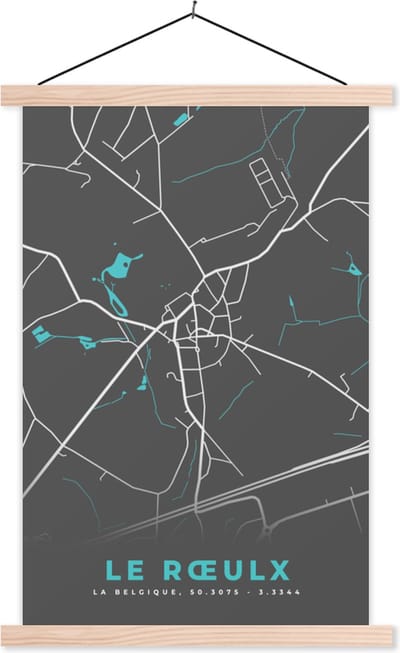 Posterhanger incl. Poster 40x60 cm - Schoolplaat - Plattegrond – Le Rœulx – Blauw – Stadskaart - Kaart - Textielposter - Blanke latten - Stadskaart
