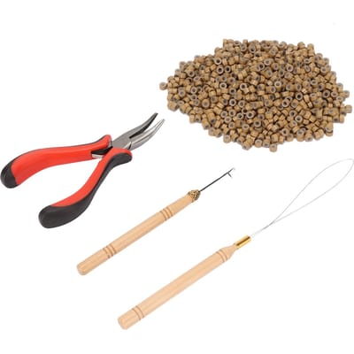 Kit d'outils pour extensions de cheveux Micro Anneaux en silicone Perle avec Pince Crochet de traction Crochet Coiffure brown