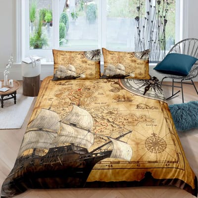 Nautische Dekbedovertrek Set Boot Piraat Beddengoed Set King Size Retro Zeilboot Bruin Dekbedovertrek Anker Kompas Vintage Quilt Set EU single(135x200cm)