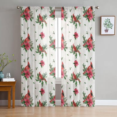 Kerst Kardinalen Poinsettia Tule Gordijnen Voor Woonkamer Slaapkamer Huisdecoratie Chiffon Transparant Voile Keukengordijn 135W x 114H(cm) white