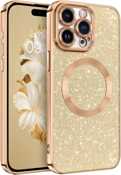 Hoesje Geschikt voor iPhone 15 Magsafe hoesje Goud - Lens beschermer glitter backcover