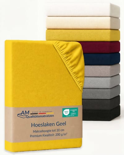 AM Qualitätsmatratzen Premium hoeslaken 80 x 200 cm topper (200gsm) in Geel - Made in Germany - OEKO TEX gecertificeerd topper hoeslaken - Jersey hoeslaken - Fitted Sheets