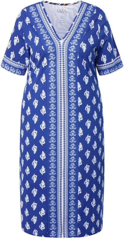 Ulla Popken - Dames - Midi-jurk etnisch patroon V-hals korte mouwen - Koningsblauw - Maat 46+