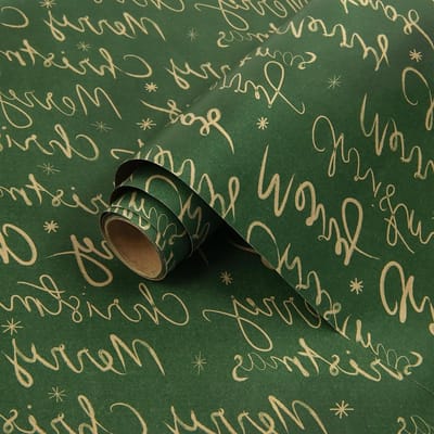 Minimalistisch Smaragdgroen Inpakpapier met Herhalend Script voor Kerst - Duurzaam Kraft Geschenkpapier voor Mannen, Vrouwen en Kinderen - 1 Mini Rol 43 x 300 cm
