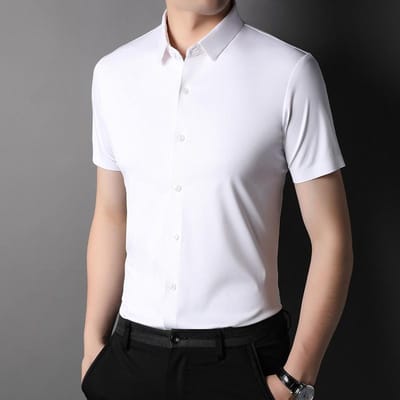 Zomer IJs Zijde Strijkvrij Korte Mouw Overhemd Heren Naadloos Ademend Sneldrogend Overhemd Heren Elastisch Half Mouw Zakelijke Herenkleding XL white