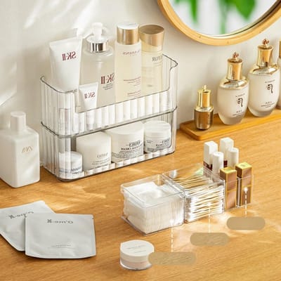 Transparante make-up organizer voor badkamer, stapelbare lippenstifthouder en opbergdoos voor cosmetica, ideaal voor ijdelheid en accessoires