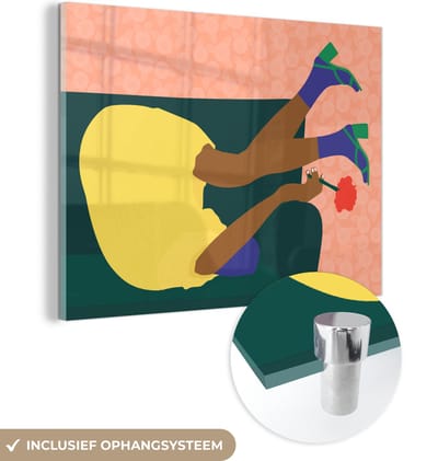 MuchoWow® Glasschilderij 120x90 cm - Schilderij acrylglas - Vrouw - Bloemen - Retro - Foto op glas - Schilderijen