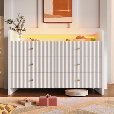 MEUNIQ dressoir 120 x 40 x 75 cm met LED-verlichting, 6 lades en open vak, wit sideboard voor woonkamer, slaapkamer of eetkamer