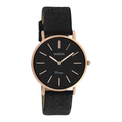 OOZOO Vintage series - rosé goudkleurige horloge met zwarte leren band - C20159 - Ø32