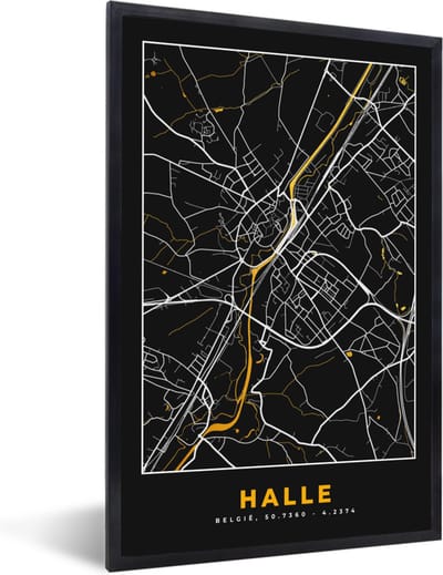 Fotolijst incl. Poster - Halle - Kaart - Plattegrond - Black en gold - Stadskaart - 40x60 cm - Posterlijst