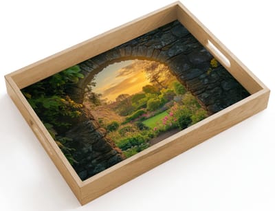Dienblad hout 40x30 cm - Schootdienblad - Poort - Planten - Zonsondergang - Borrelplank rechthoek - Plateau dienbladen
