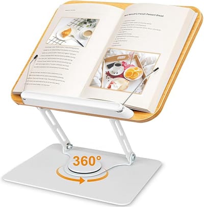 Dailygoods- Boekensteun 360 Graden Draaibaar - Tafelleesstandaard - Opvouwbaar - Aluminium Frame - Houten Voorplank - Ergonomisch Design - Boekenstandaard