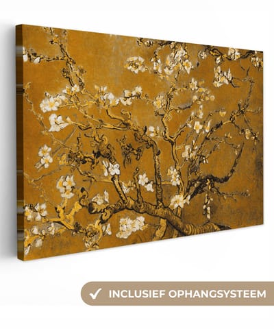 Schilderijen op canvas - Amandelbloesem goud 140x90 - Kamer decoratie accessoires - Vincent van Gogh schilderij woonkamer - Wanddecoratie slaapkamer - Muurdecoratie keuken - Wanddoek oude meesters - Woondecoratie huis - Woonaccessoires